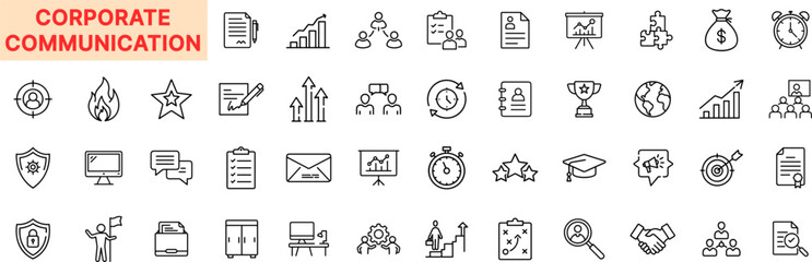 Corporate Communication Strategy Line Icon Design Featuring Presentation, Teamwork, Messaging, Email, Leadership, Feedback, Public Speaking, and Marketing Planning