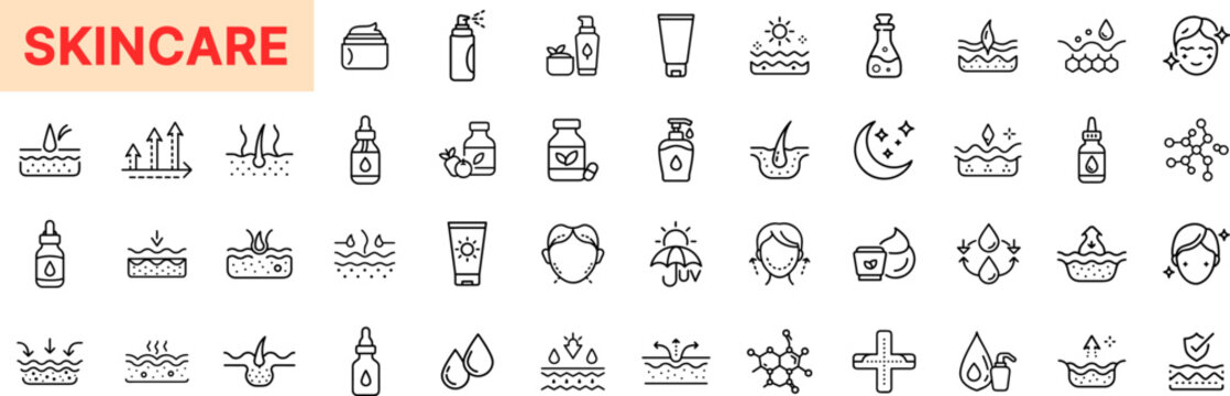 Skincare and Beauty Treatment Line Icon Design Featuring Serum, Sunscreen, Moisturizer, Face Mask, Hydration, UV Protection, and Anti-Aging Elements