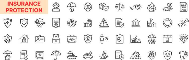 Insurance Protection Line Icon Design with Health, Life, Car, Travel, Home, Risk, Security, Shield, Umbrella, Liability, Policy, and Claim Coverage Elements