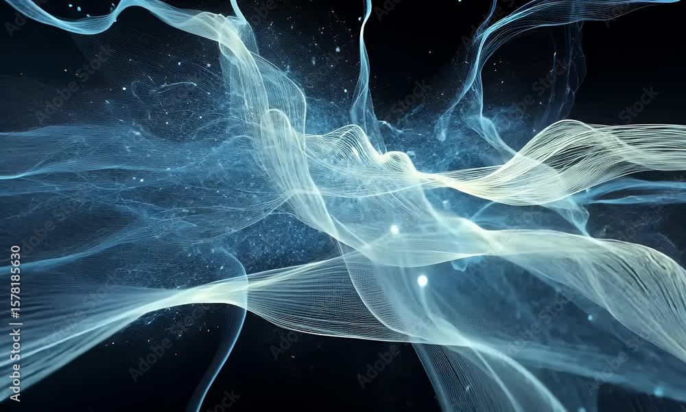 Poster abstract blue digital background with glowing dots and lines forming a landscape shape, representing