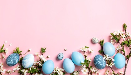 Easter Egg Decorations Pastel Blue Eggs  Spring Blossoms on Pink Background.