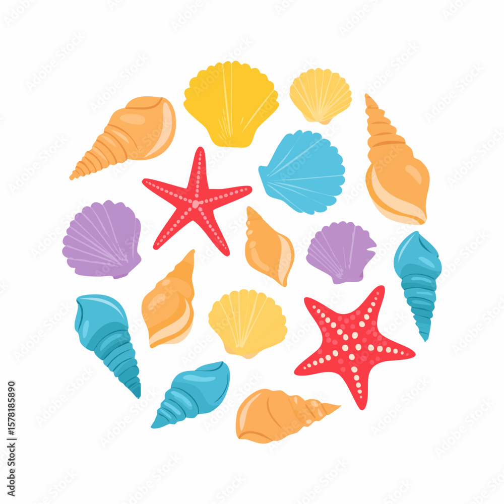 Poster colorful seashells and starfish arranged in a circular pattern, isolated on white.