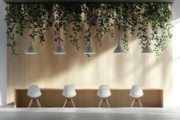 Modern, light-filled waiting area with a wooden wall, hanging plants, and white chairs
