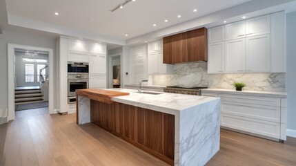 Polished concrete and white kitchen with warm walnut island top-lit via LED fixtures creating a modern spotlight effect