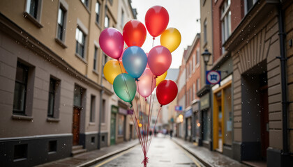 Colorful balloons floating on a rainy street in the city  