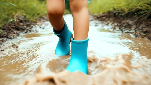 Child's legs in blue waterproof boots splashing through a muddy puddle.
