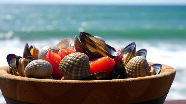 A bowl of fresh seafood and shells set against a sunny ocean backdrop.