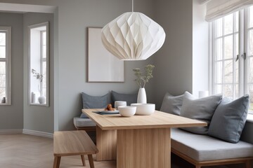 Scandinavian loft dining area with birch plywood table and soft gray bench dove and ash palette diffused midday