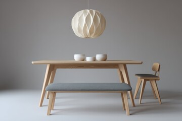Scandinavian loft dining area with birch plywood table and soft gray bench dove and ash palette diffused midday