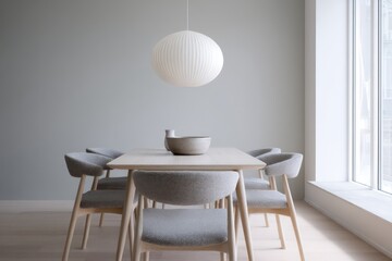 Obraz premium Scandinavian minimal dining with white ash table and gray wool chairs ash and dove palette diffuse morning daylight