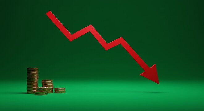 Declining Financial Graph with Stacked Coins on Green Background