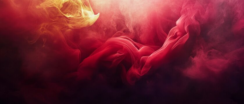 Ethereal smoke wisps in crimson and gold swirling around a dark void chiaroscuro lighting cinematic depth