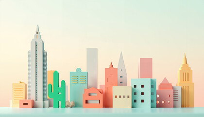 Obraz premium Colorful paper city skyline representation in pastel shades 