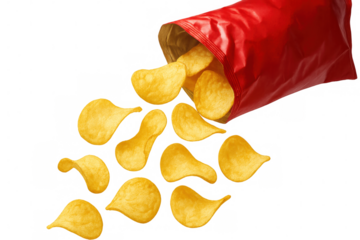 Potato chips pouring out of a red bag on a transparent background, creating a dynamic and appetizing scene