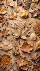 Fototapeta premium Overhead view of assorted dried autumn leaves scattered on a textured surface