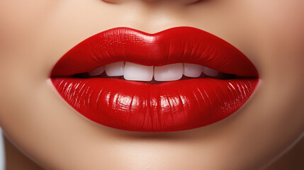 Obraz premium Glossy Red Lips with White Teeth, Isolated on White Background