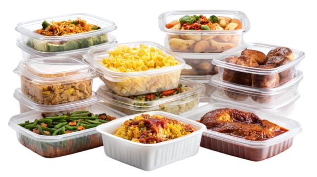Plastic containers filled with diverse food meals and snacks, isolated on tranparent background 