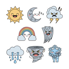 Weather Characters A Cheerful Collection of Sun, Moon, Rainbow, Cloud, Tornado and Snowflake Cartoon Emoticons