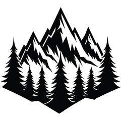 Obraz premium Majestic mountain range with jagged peaks and pine trees in a striking black and white silhouette style