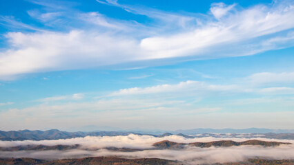 
Sea of Mist with Light of the morning above Mountains from viewpoint at Phu Thok, Chiang Khan,...