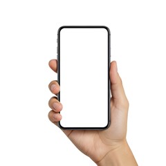 Human hand holding a modern smartphone with a blank screen. Isolated on a pure white background, includes a clipping path, perfect for UI/UX design mockups, app promotion, and technology con