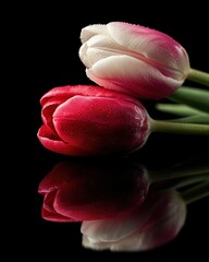 Double Tulip Bloom on Glossy Black Lacquer Surface with Sharp Reflection and Overhead Spotlight, Elegant Luxury Floral Composition for Product or Editorial Use