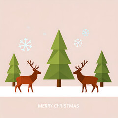 Naklejka premium Merry Christmas Greeting Card with Reindeer in a Winter Forest suitable for modern banner, website, or greeting card designs