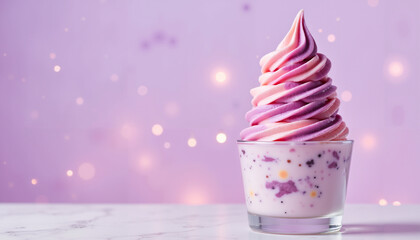 Swirled frozen yogurt with colorful sprinkles in glass cup  