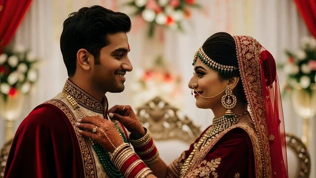 Indian bride adjusts groom's wedding attire in a loving, intimate moment. Perfect for wedding announcements, cultural events, relationship storytelling, and romantic themes. - Powered by Adobe