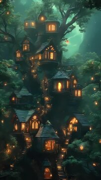 emerald green treehouse village fantasy forest glowing windows whimsical homes