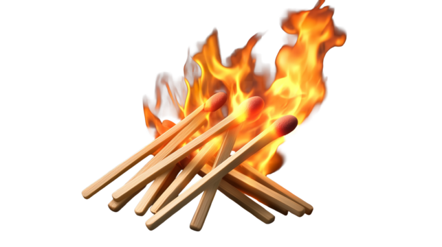 A captivating bonfire of kindling matches ignites passion and warmth against the black night on transparent background