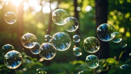 Sunlit bubbles in a green forest