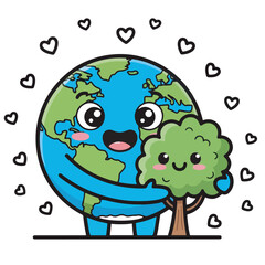 Adorable Earth Character Hugging a Tree A Charming Illustration for Environmental Awareness and Conservation Efforts