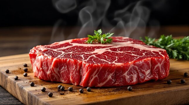 Close up of a raw ribeye steak with parsley garnish on a wooden board with peppercorns and steam - Powered by Adobe