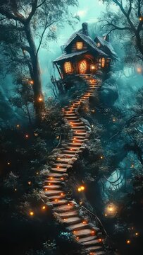 whimsical glowing treehouse village with a stone path in a mystical teal forest