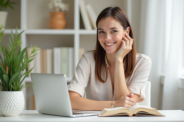 Woman smiling at camera while working with laptop and book on desk

