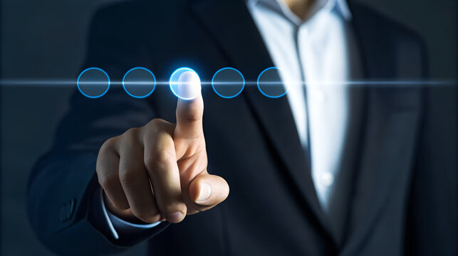 Businessman Selecting Global Digital Strategy, Touching Interactive Screen