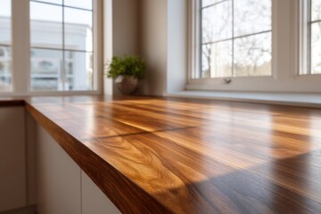 Walnut-veneer smart tabletop with amber touch gestures and integrated status bar midday sun angled for gentle wood shadows