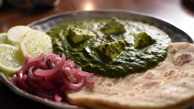 A plate of saag paneer served with flatbread and fresh garnishes.