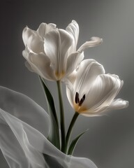 Obraz premium Elegant Partially Wrapped Double Tulip with Ivory Silk Fabric, Soft Folds and Subtle Shadows Creating Textural Contrast