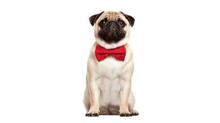 Pug wearing red bow tie sitting upright isolated on transparent background 