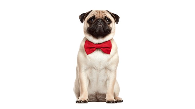 Pug wearing red bow tie sitting upright isolated on transparent background 