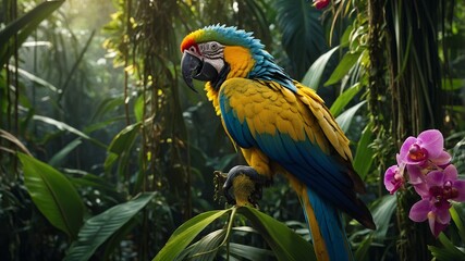 Obraz premium Blue and gold macaw parrot perched in tropical rainforest nature wildlife photography for bird lovers