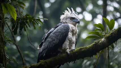 Fototapeta premium Harpy eagle perched on branch in rainforest nature wildlife photography bird of prey tropical forest south america