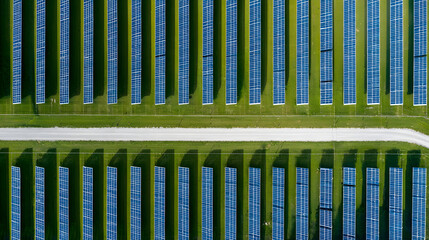 Obraz premium Aerial View of Solar Panels on Green Field Under Bright Sunlight in a Realistic Top-Down Perspective