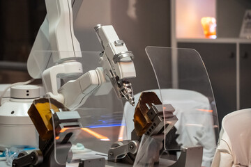 Industrial machine and factory robot arm, Smart factory industry concept.