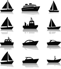 Vector art of assortment of marine vessels, including sailboats and motorboats