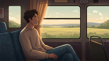 Fototapeta premium Young Woman Sitting Alone on Bus with Window View – Minimal Vector Style - Scene 1