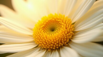 A vibrant macro shot of a white daisy flower with a bright yellow center. The detailed petals and pollen evoke feelings of summer and nature.
