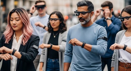A diverse group of people wearing smart glasses and wristbands are walking in a city street, looking at their wrists.